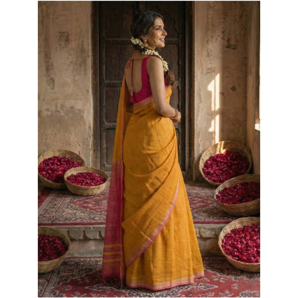 Women's Cotton Printed Saree With Unstitched Blouse 5.5Mtr (Yellow) - Image 3