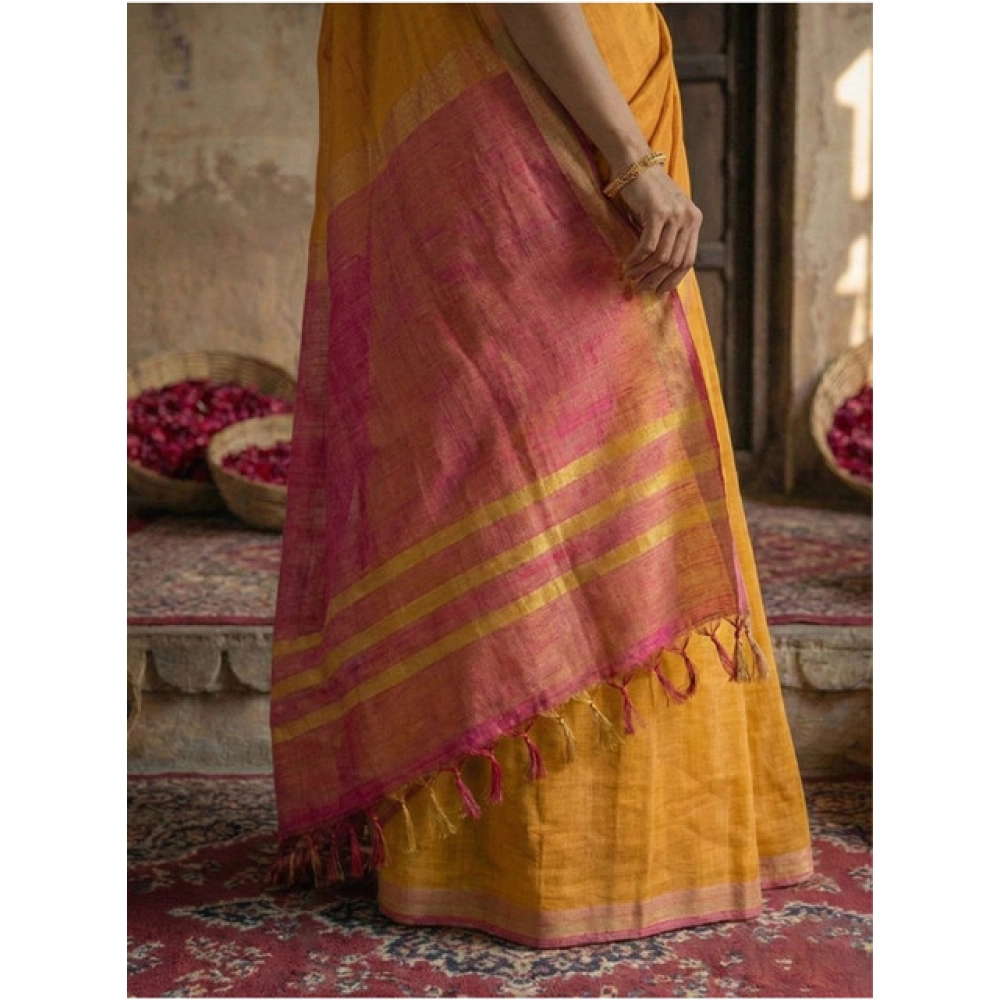 Women's Cotton Printed Saree With Unstitched Blouse 5.5Mtr (Yellow) - Image 4
