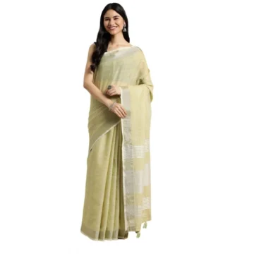 Women's Linen Cotton Printed Saree With Unstitched Blouse 5.5Mtr (Olive Green)