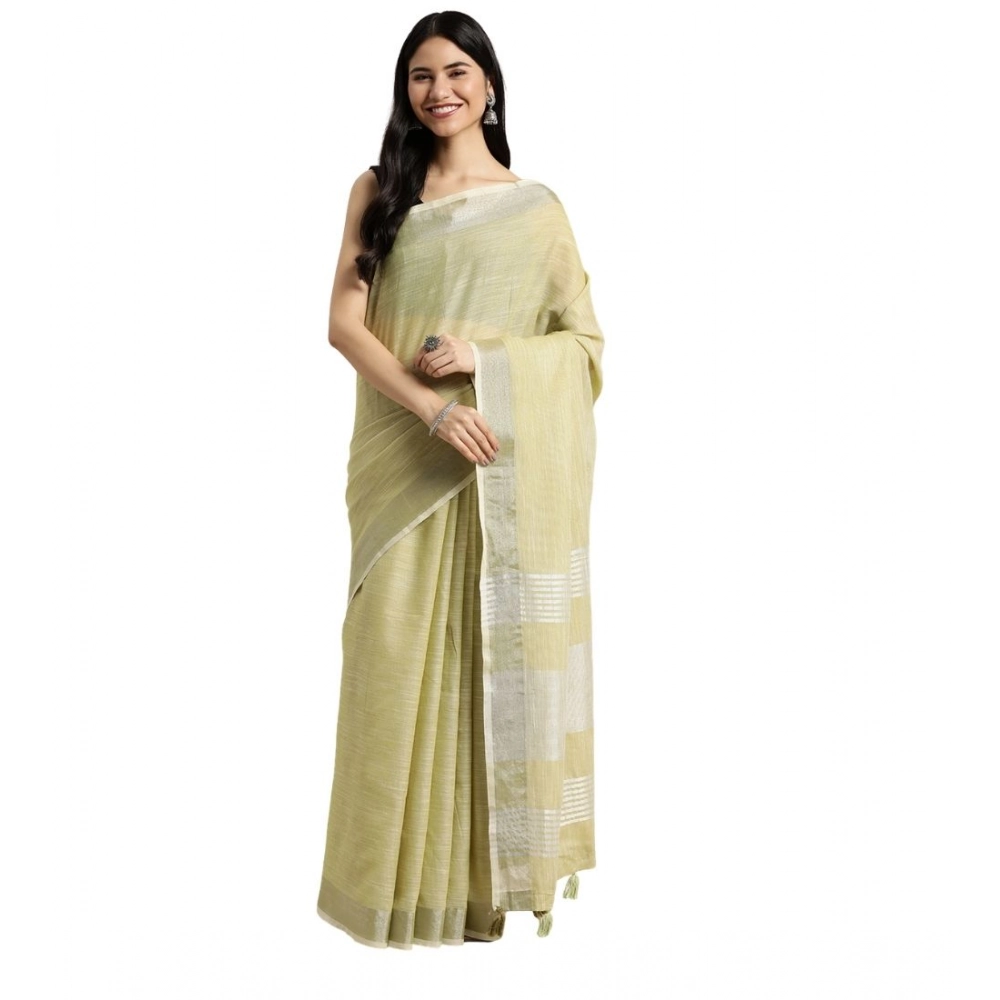 Women's Linen Cotton Printed Saree With Unstitched Blouse 5.5Mtr (Olive Green)