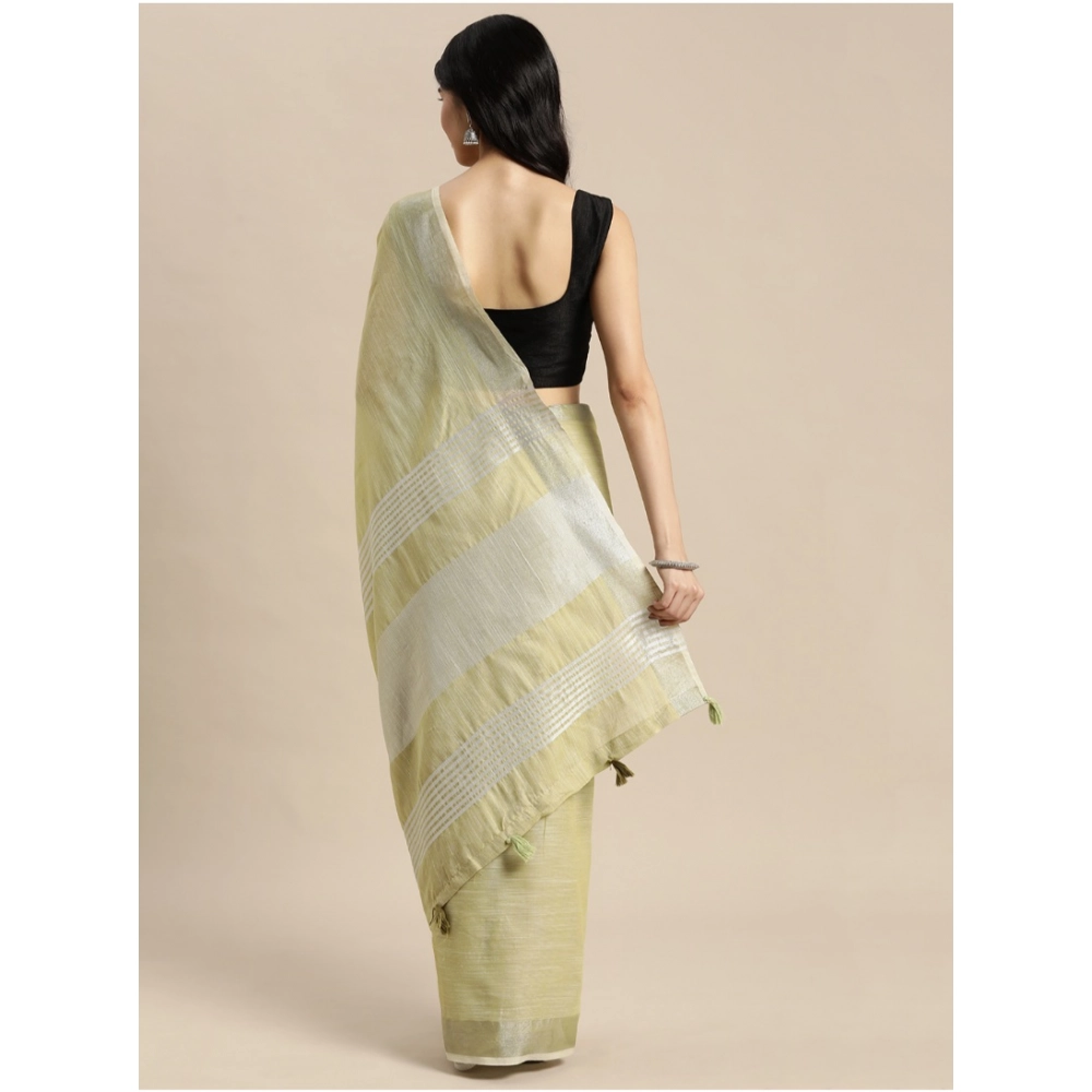 Women's Linen Cotton Printed Saree With Unstitched Blouse 5.5Mtr (Olive Green) - Image 2