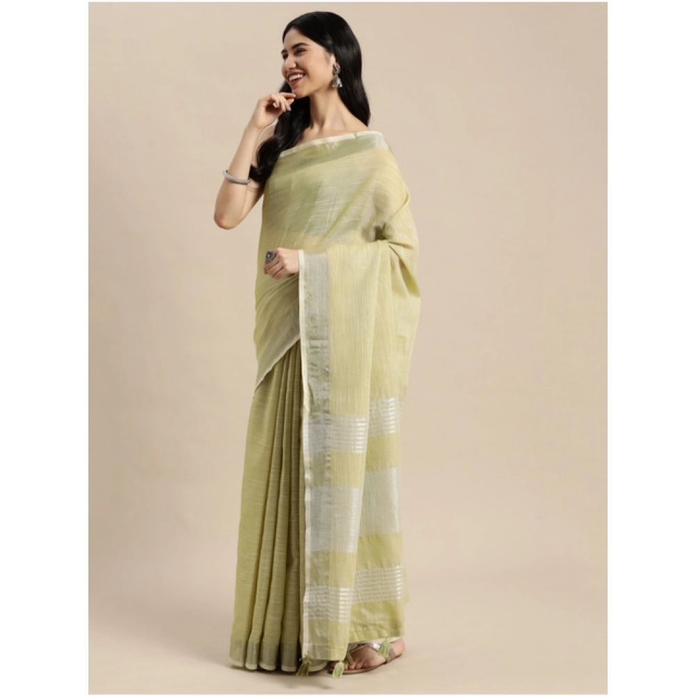 Women's Linen Cotton Printed Saree With Unstitched Blouse 5.5Mtr (Olive Green) - Image 3