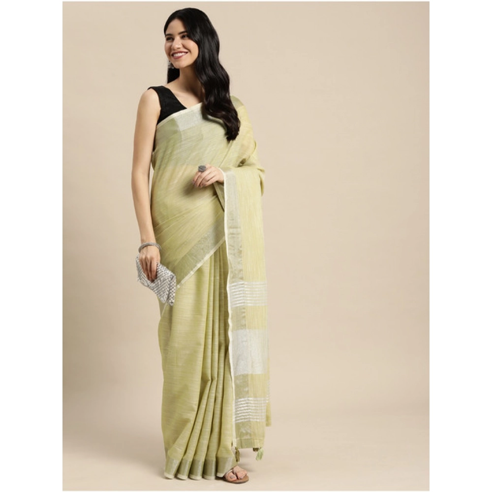 Women's Linen Cotton Printed Saree With Unstitched Blouse 5.5Mtr (Olive Green) - Image 4