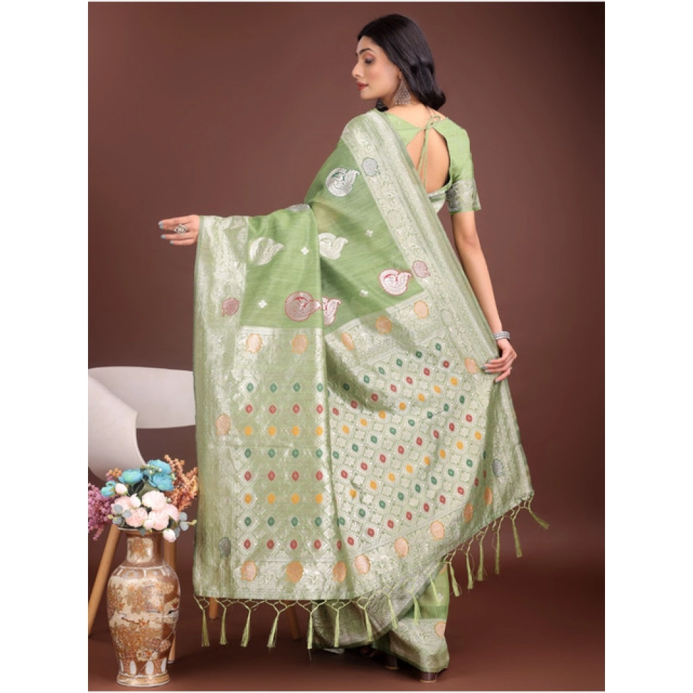 Women's Linen Cotton Printed Saree With Unstitched Blouse 5.5Mtr (Light Green) - Image 2