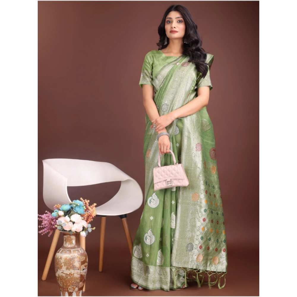 Women's Linen Cotton Printed Saree With Unstitched Blouse 5.5Mtr (Light Green) - Image 3