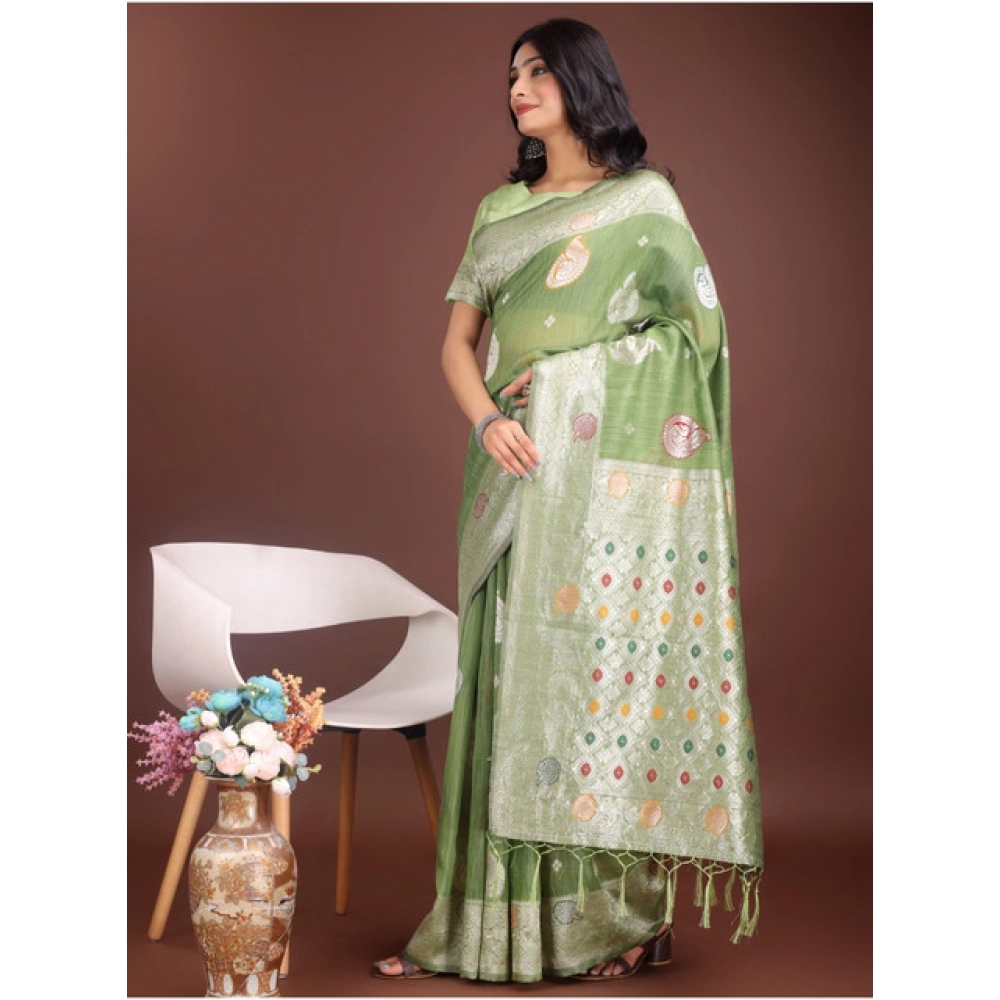 Women's Linen Cotton Printed Saree With Unstitched Blouse 5.5Mtr (Light Green) - Image 4