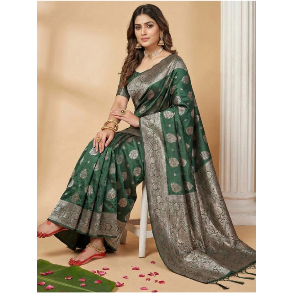 Women's Silk Blend Printed Saree With Unstitched Blouse 5.5Mtr (Dark Green) - Image 3