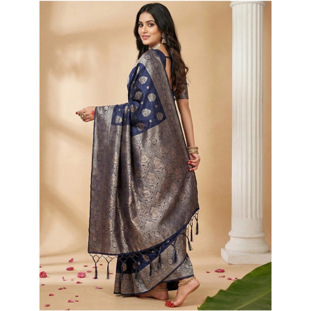Women's Silk Blend Printed Saree With Unstitched Blouse 5.5Mtr (Navy Blue) - Image 2