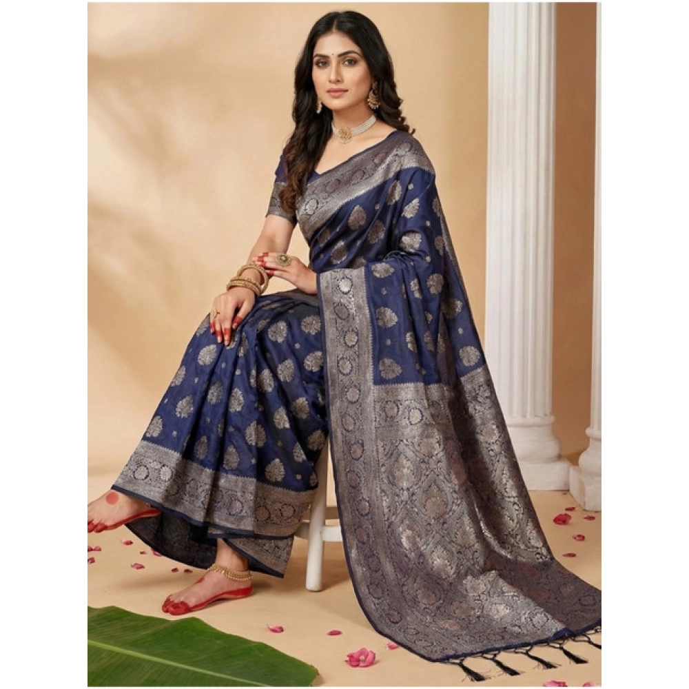 Women's Silk Blend Printed Saree With Unstitched Blouse 5.5Mtr (Navy Blue) - Image 3