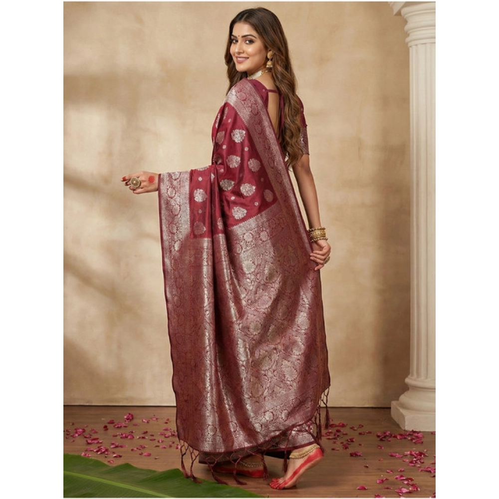 Women's Silk Blend Printed Saree With Unstitched Blouse 5.5Mtr (Maroon) - Image 2