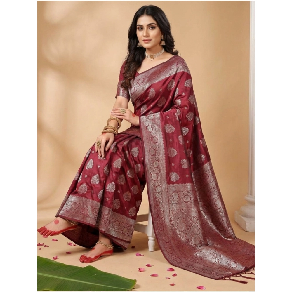 Women's Silk Blend Printed Saree With Unstitched Blouse 5.5Mtr (Maroon) - Image 3