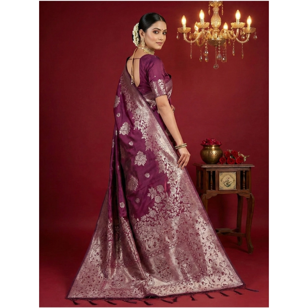 Women's Silk Blend Printed Saree With Unstitched Blouse 5.5Mtr (Purple) - Image 2