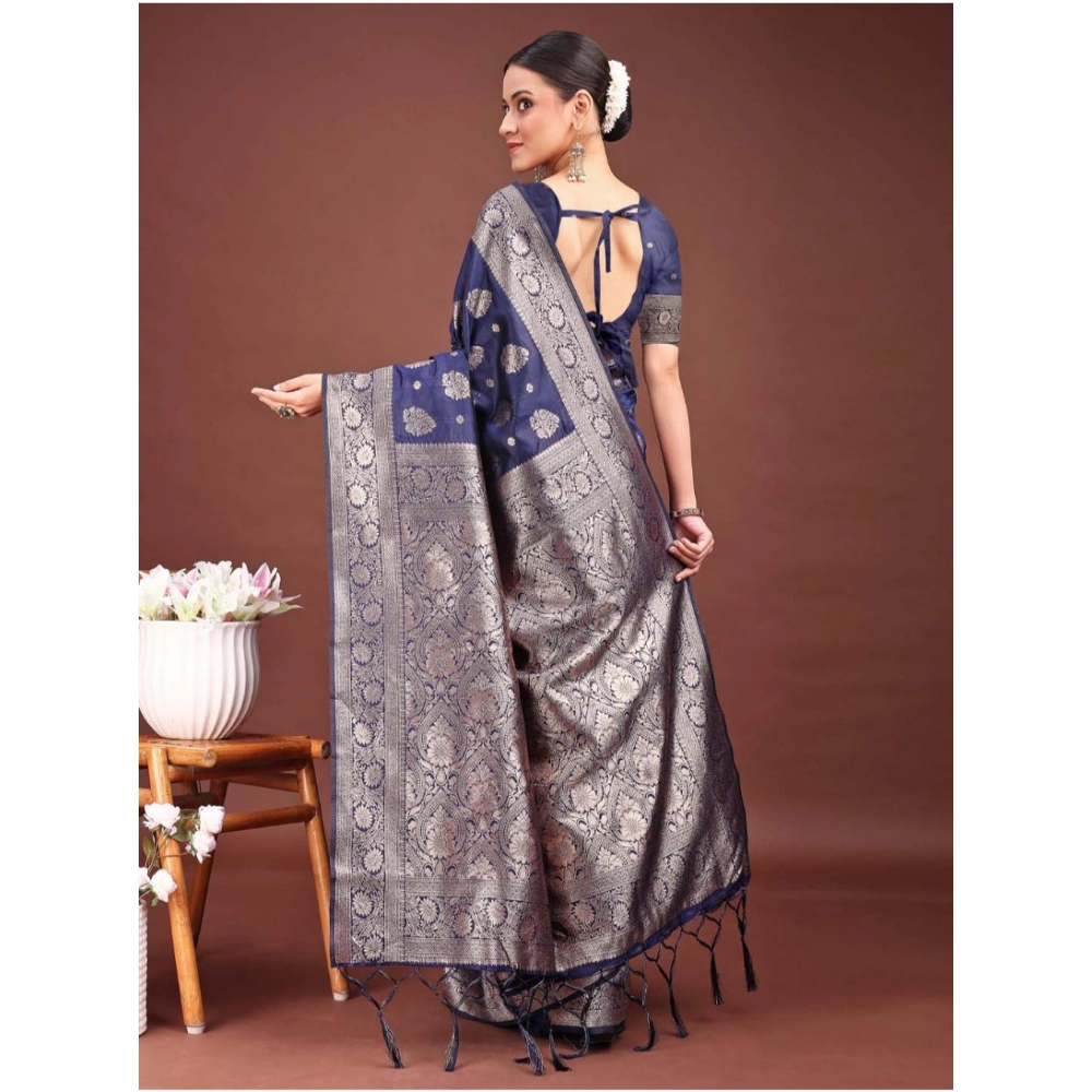 Women's Banarasi Silk Printed Saree With Unstitched Blouse 5.5Mtr (Navy Blue) - Image 2