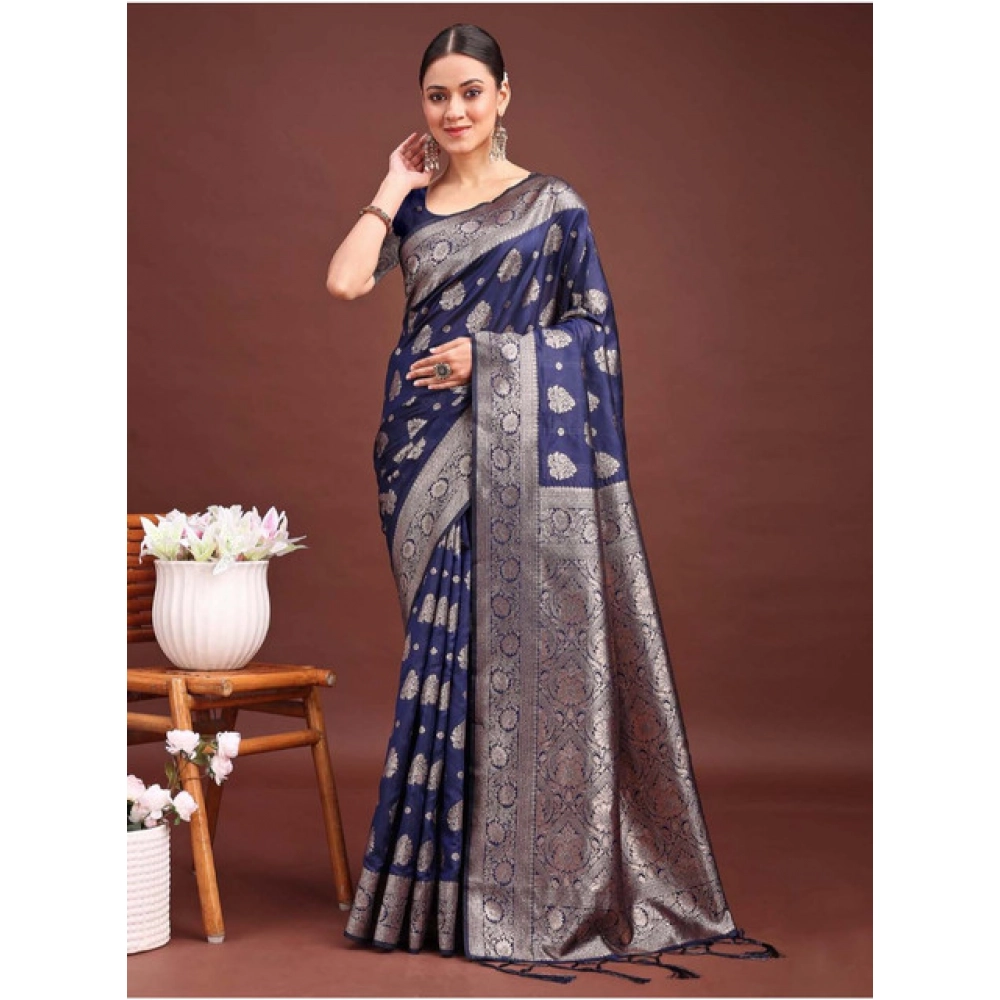 Women's Banarasi Silk Printed Saree With Unstitched Blouse 5.5Mtr (Navy Blue) - Image 4
