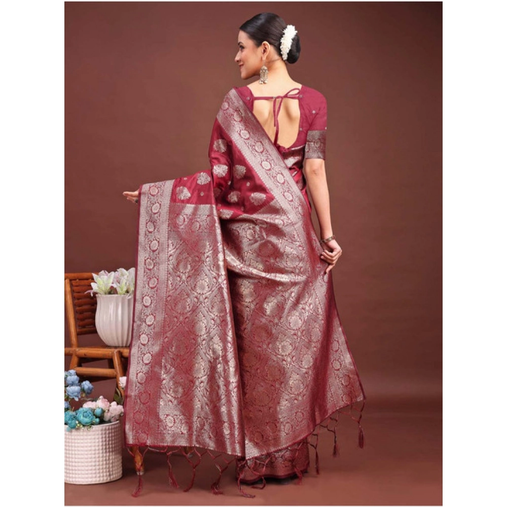Women's Banarasi Silk Printed Saree With Unstitched Blouse 5.5Mtr (Maroon) - Image 2