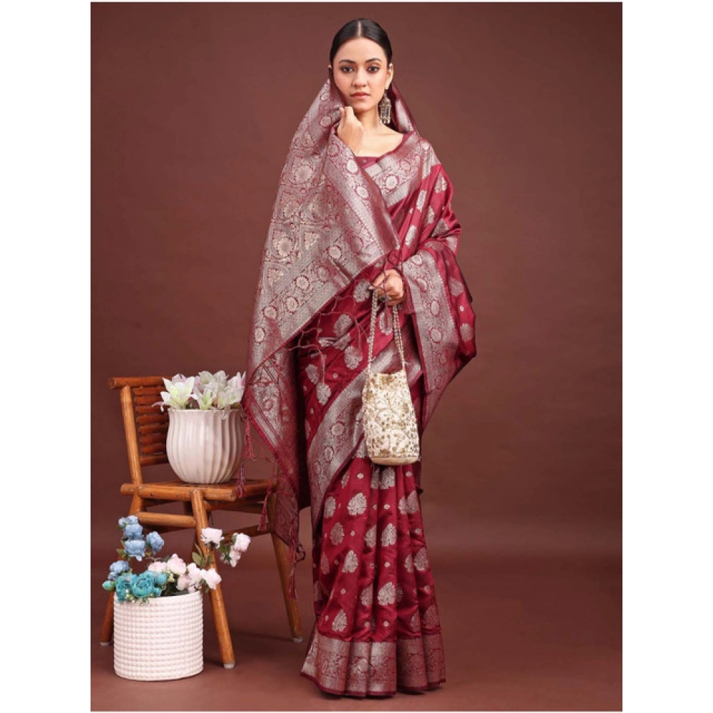 Women's Banarasi Silk Printed Saree With Unstitched Blouse 5.5Mtr (Maroon) - Image 4