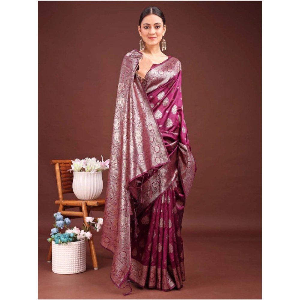 Women's Banarasi Silk Printed Saree With Unstitched Blouse 5.5Mtr (Purple) - Image 2
