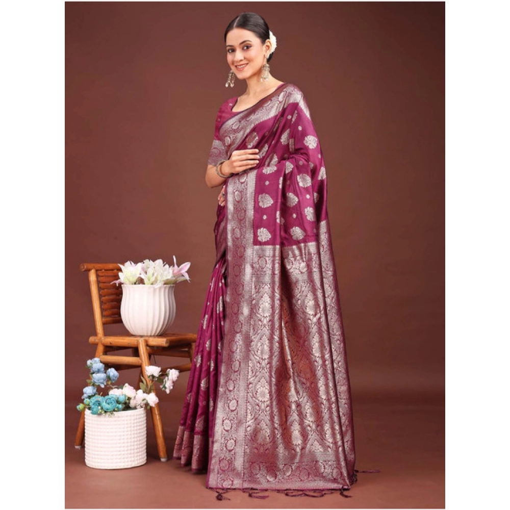 Women's Banarasi Silk Printed Saree With Unstitched Blouse 5.5Mtr (Purple) - Image 3