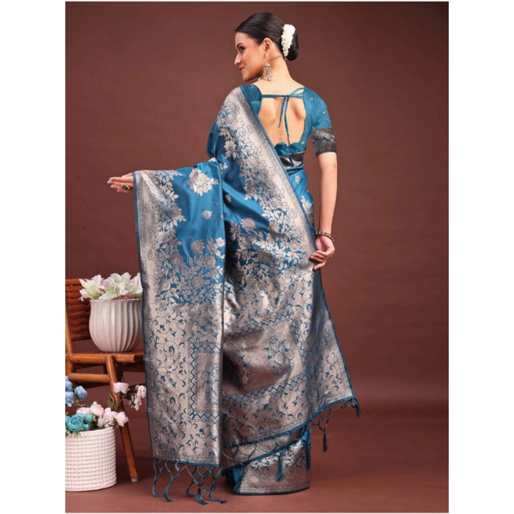 Women's Banarasi Silk Printed Saree With Unstitched Blouse 5.5Mtr (Teal Blue) - Image 2