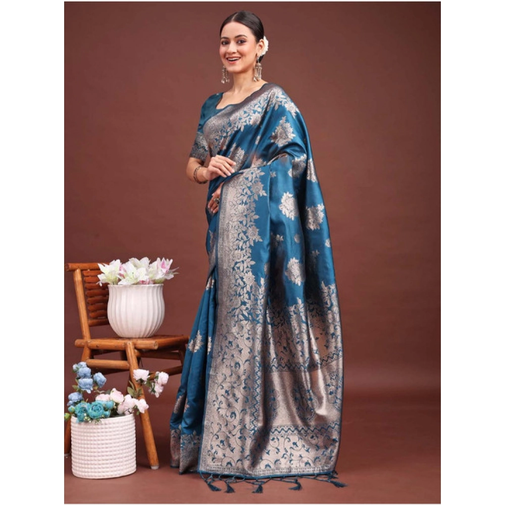 Women's Banarasi Silk Printed Saree With Unstitched Blouse 5.5Mtr (Teal Blue) - Image 4