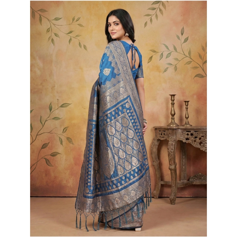 Women's Silk Blend Printed Saree With Unstitched Blouse 5.5Mtr (Sky Blue) - Image 2