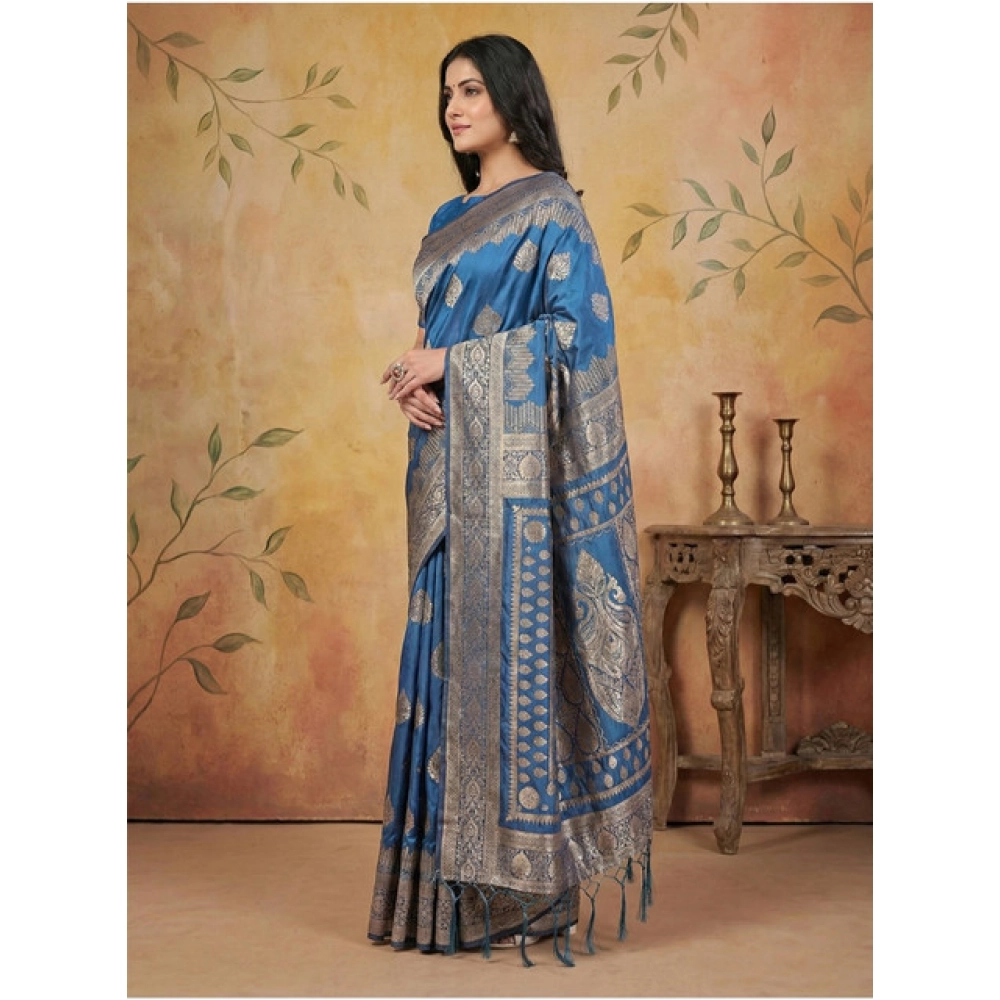 Women's Silk Blend Printed Saree With Unstitched Blouse 5.5Mtr (Sky Blue) - Image 3