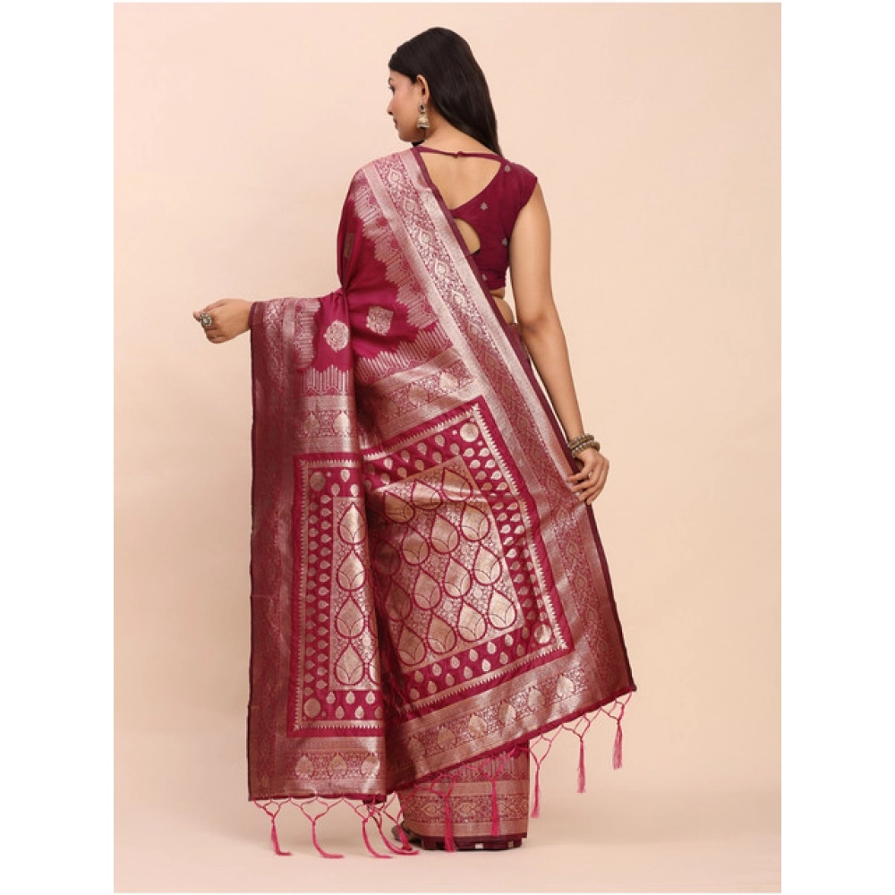 Women's Banarasi Silk Printed Saree With Unstitched Blouse 5.5Mtr (Magenta) - Image 2