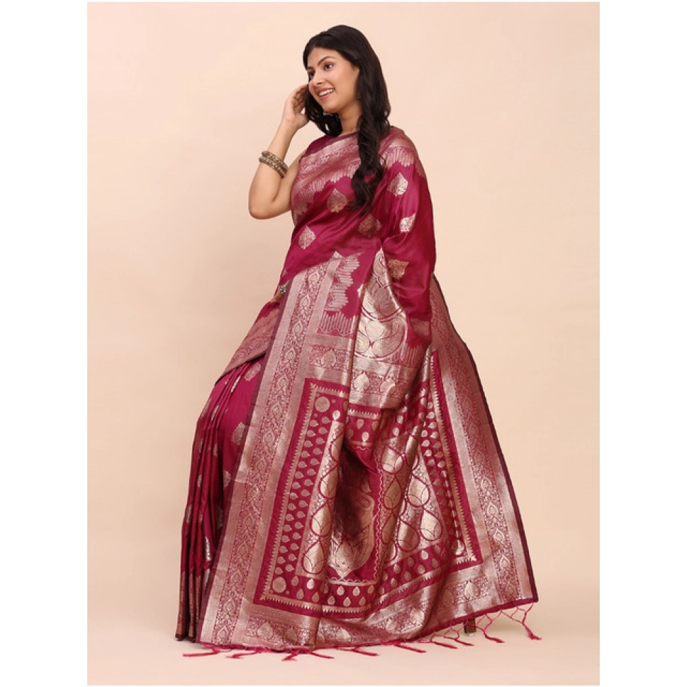 Women's Banarasi Silk Printed Saree With Unstitched Blouse 5.5Mtr (Magenta) - Image 3
