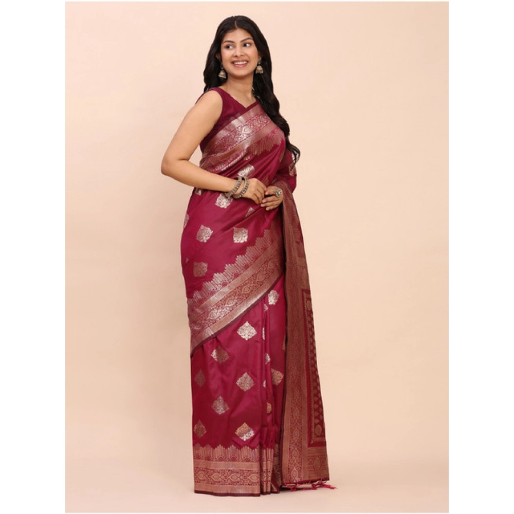 Women's Banarasi Silk Printed Saree With Unstitched Blouse 5.5Mtr (Magenta) - Image 4