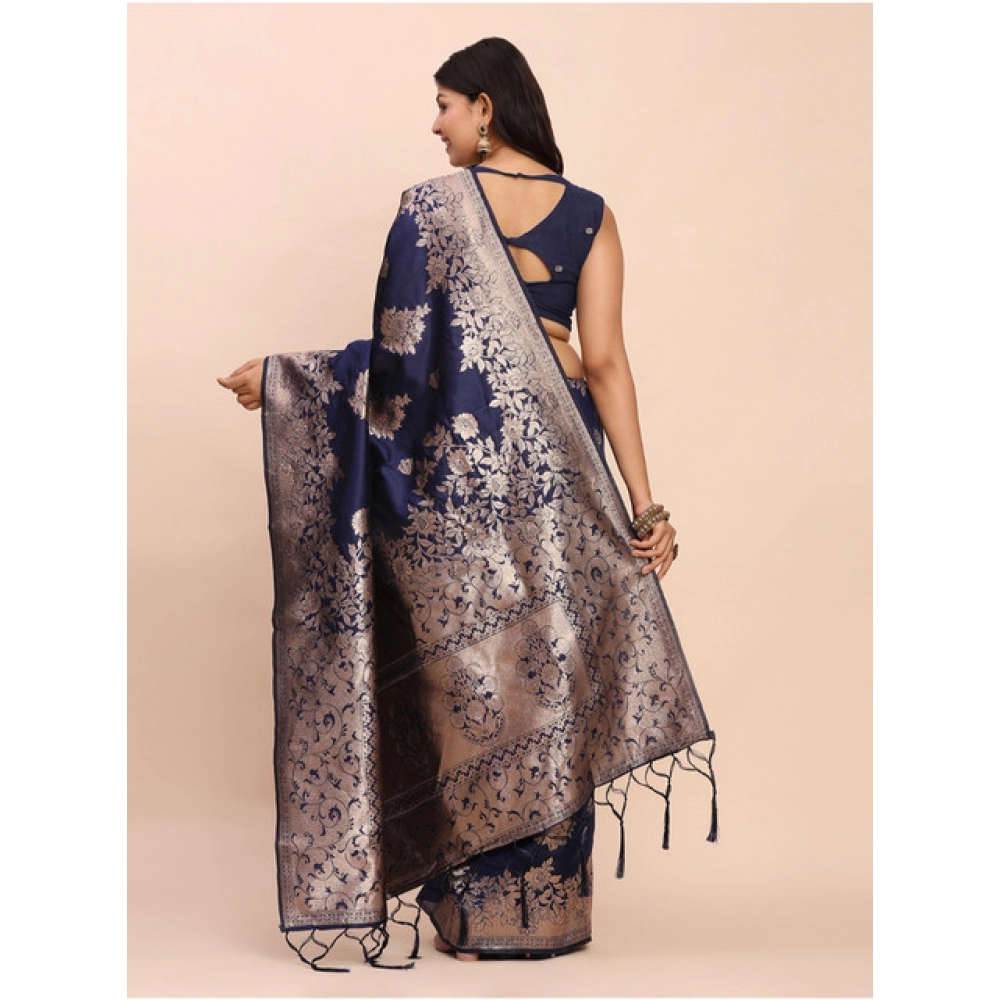 Women's Banarasi Silk Printed Saree With Unstitched Blouse 5.5Mtr (Navy Blue) - Image 2