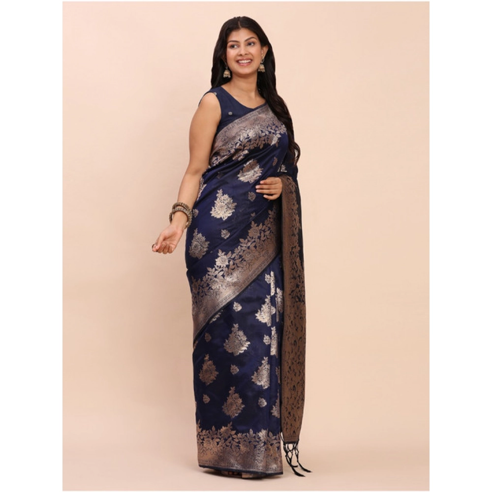 Women's Banarasi Silk Printed Saree With Unstitched Blouse 5.5Mtr (Navy Blue) - Image 4