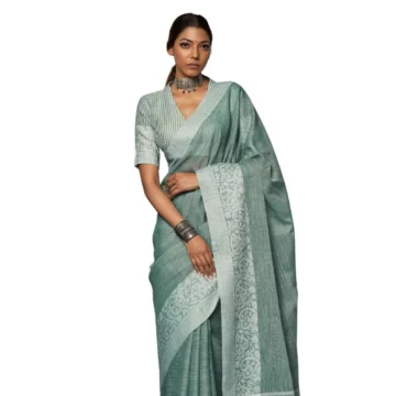 Women's Linen Printed Saree With Unstitched Blouse 5.5Mtr (Sea Green)