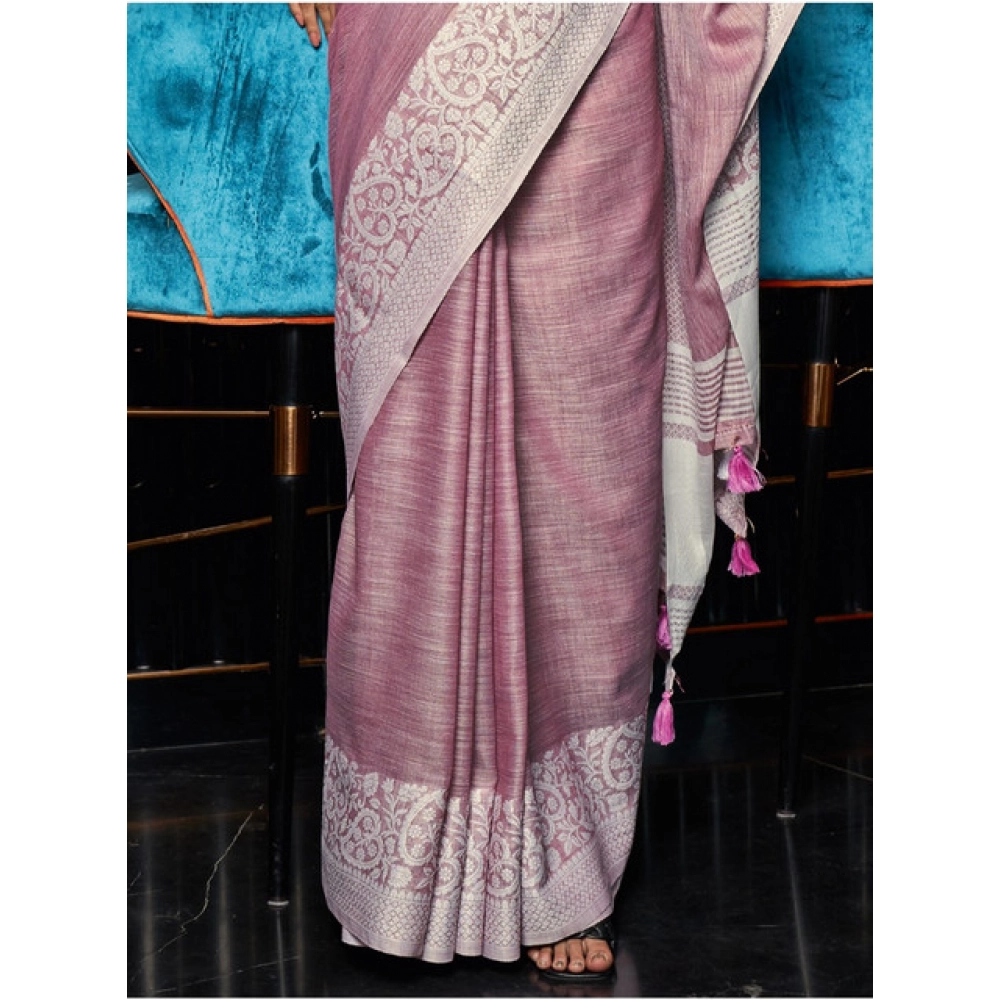 Women's Linen Printed Saree With Unstitched Blouse 5.5Mtr (Purple) - Image 3