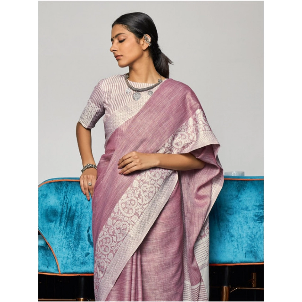 Women's Linen Printed Saree With Unstitched Blouse 5.5Mtr (Purple) - Image 4