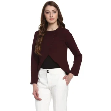 Women's Polyester Diagonal Cut Long Sleeves Blazer (Maroon)