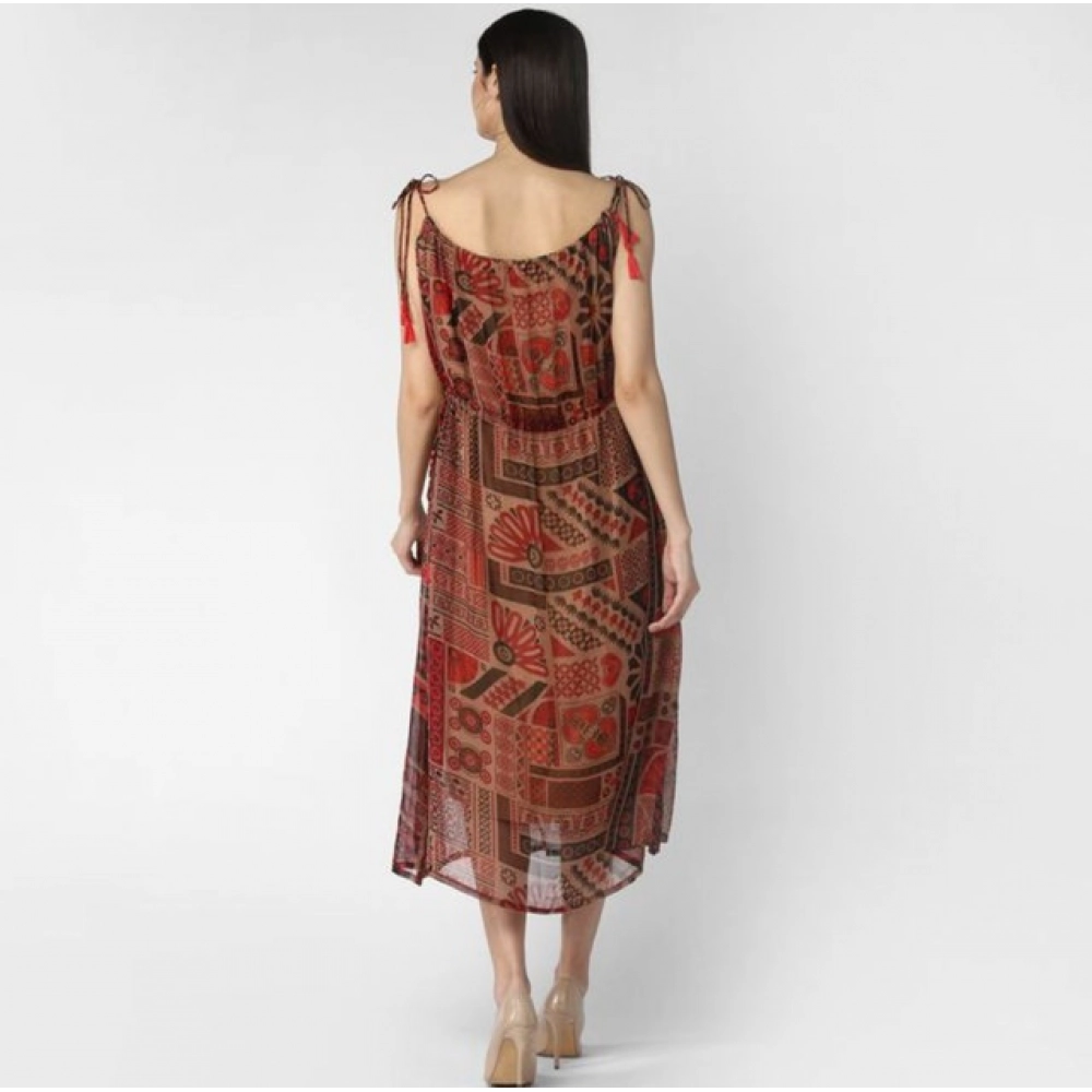 Women's Polyester Printed Shoulder Straps Dress (Maroon - Brown) - Image 2