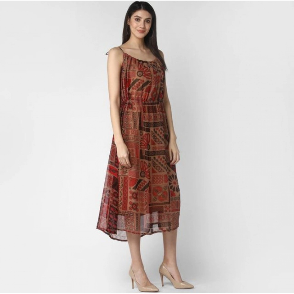 Women's Polyester Printed Shoulder Straps Dress (Maroon - Brown) - Image 4