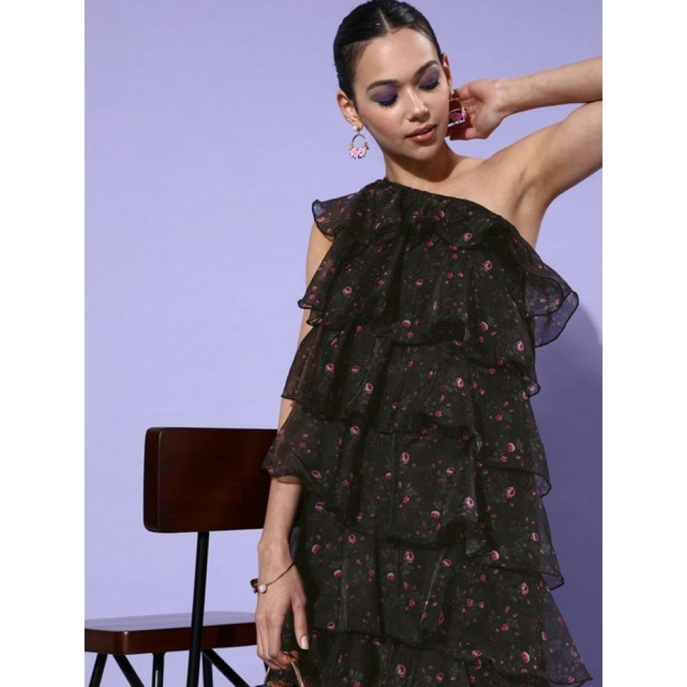 Women's Organza Tiered Sleeveless Dress (Black) - Image 4