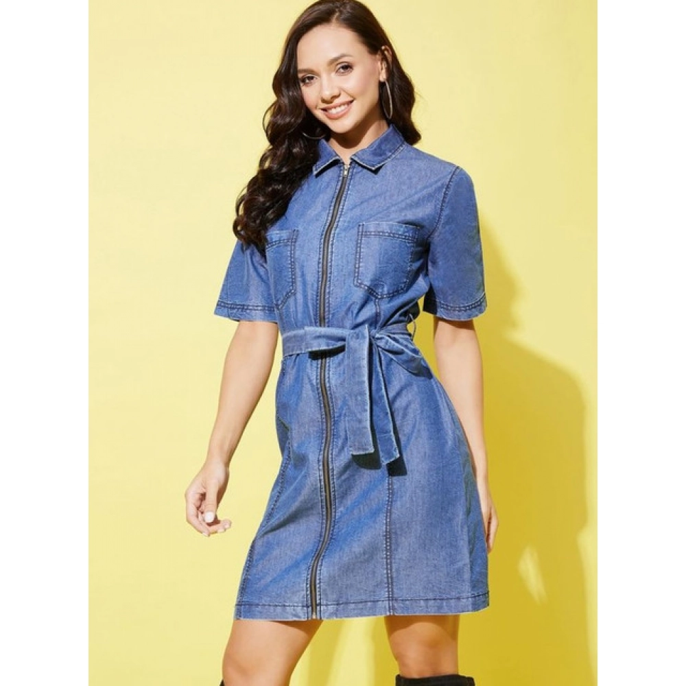 Women's Denim Solid Half Sleeve Dress (Blue) - Image 4