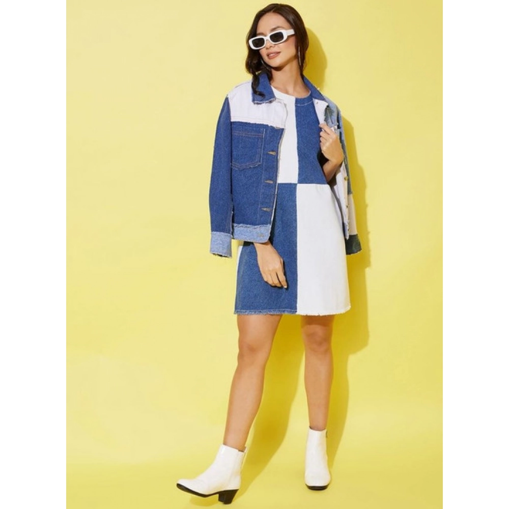 Women's Denim Color Blocking Sleeveless Dress (Blue) - Image 3