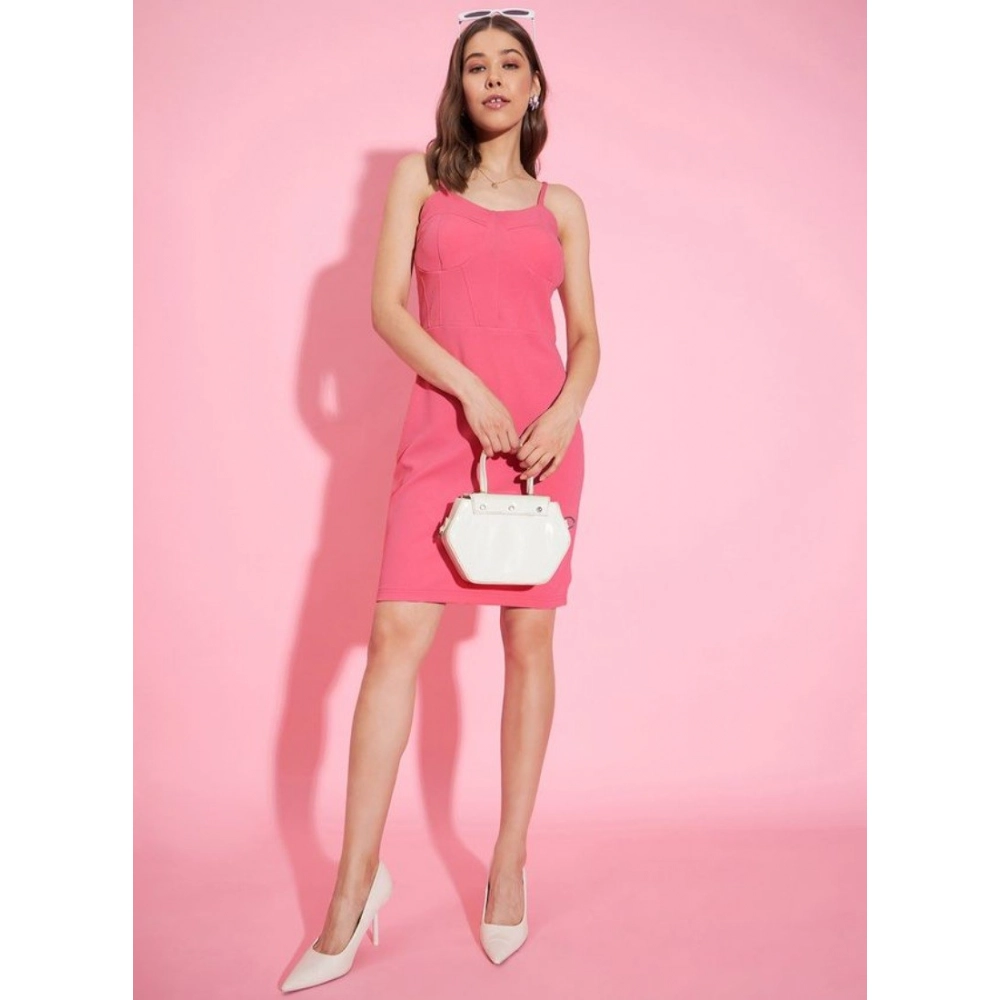 Women's Polyester Lycra Solid Shoulder Straps Dress (Pink) - Image 2