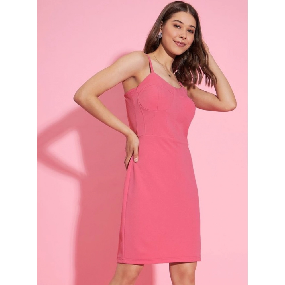 Women's Polyester Lycra Solid Shoulder Straps Dress (Pink) - Image 4