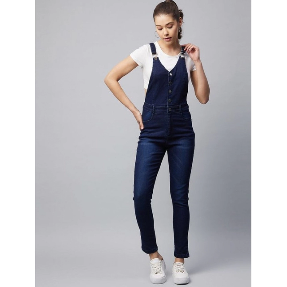 Women's Denim Lycra Solid Buttoned Dungaree (Navy) - Image 2