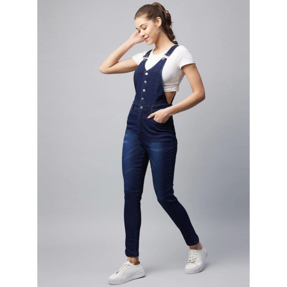 Women's Denim Lycra Solid Buttoned Dungaree (Navy) - Image 3