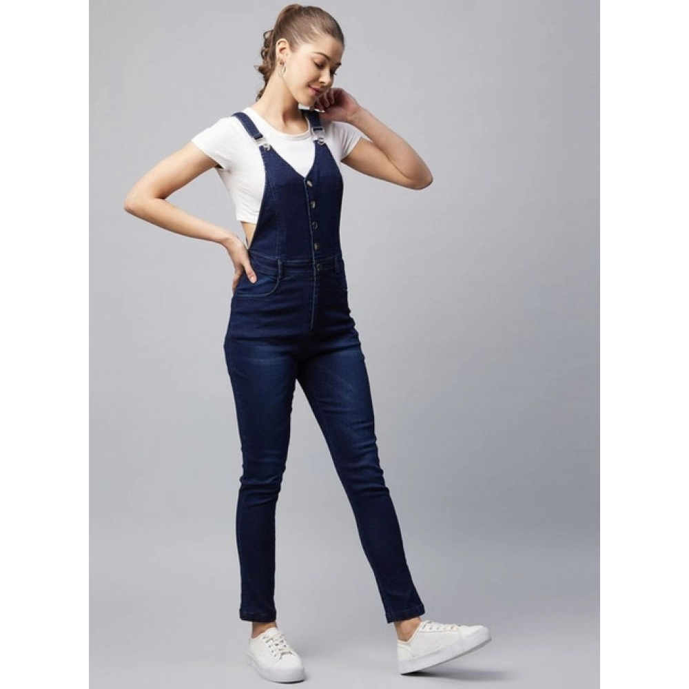 Women's Denim Lycra Solid Buttoned Dungaree (Navy) - Image 4