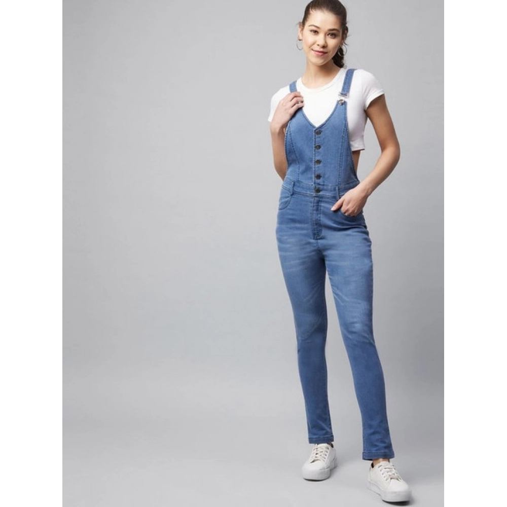 Women's Denim Lycra Solid Buttoned Dungaree (Ice Blue) - Image 3