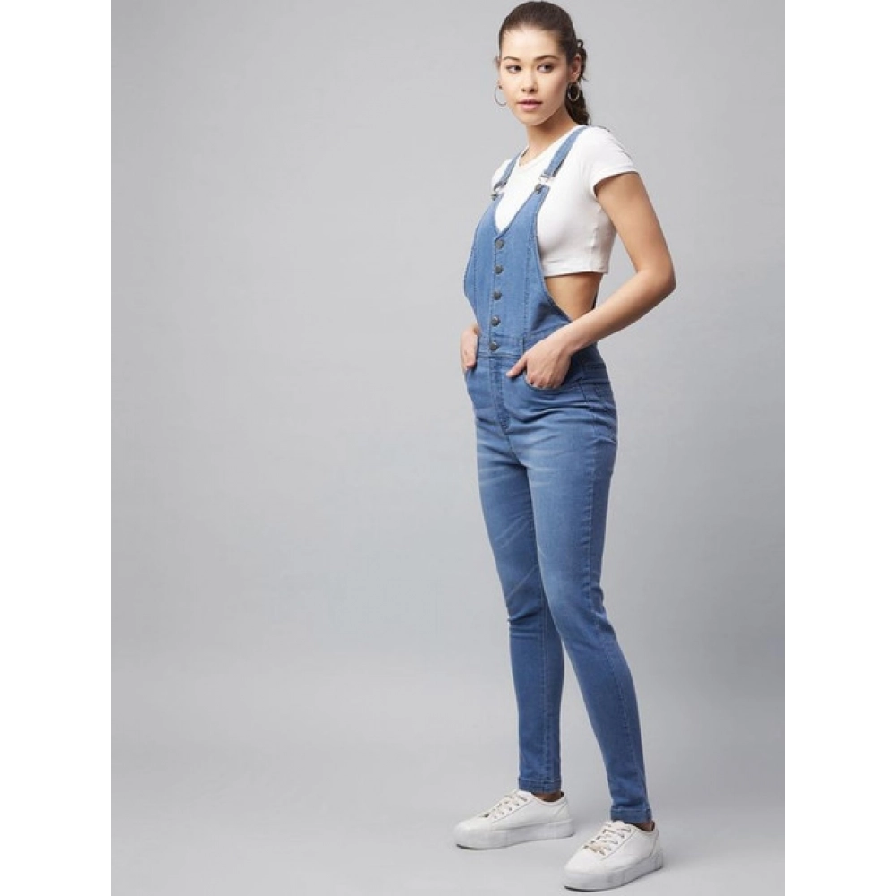 Women's Denim Lycra Solid Buttoned Dungaree (Ice Blue) - Image 4