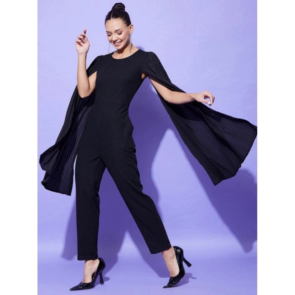 Women's Polyeter Solid Cape Sleeve Jumpsuit (Black) - Image 2