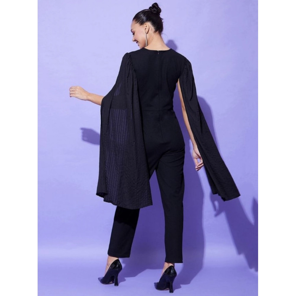 Women's Polyeter Solid Cape Sleeve Jumpsuit (Black) - Image 3