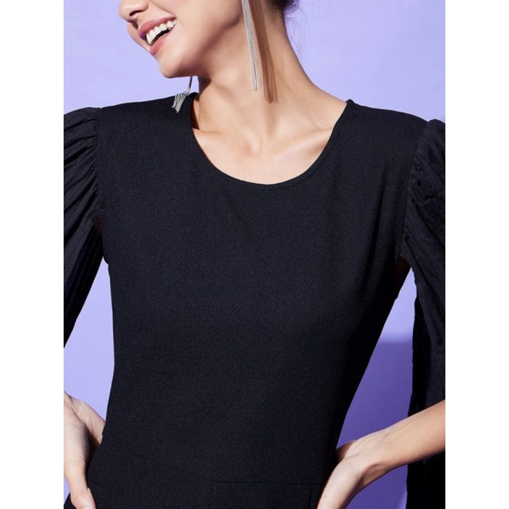 Women's Polyeter Solid Cape Sleeve Jumpsuit (Black) - Image 4